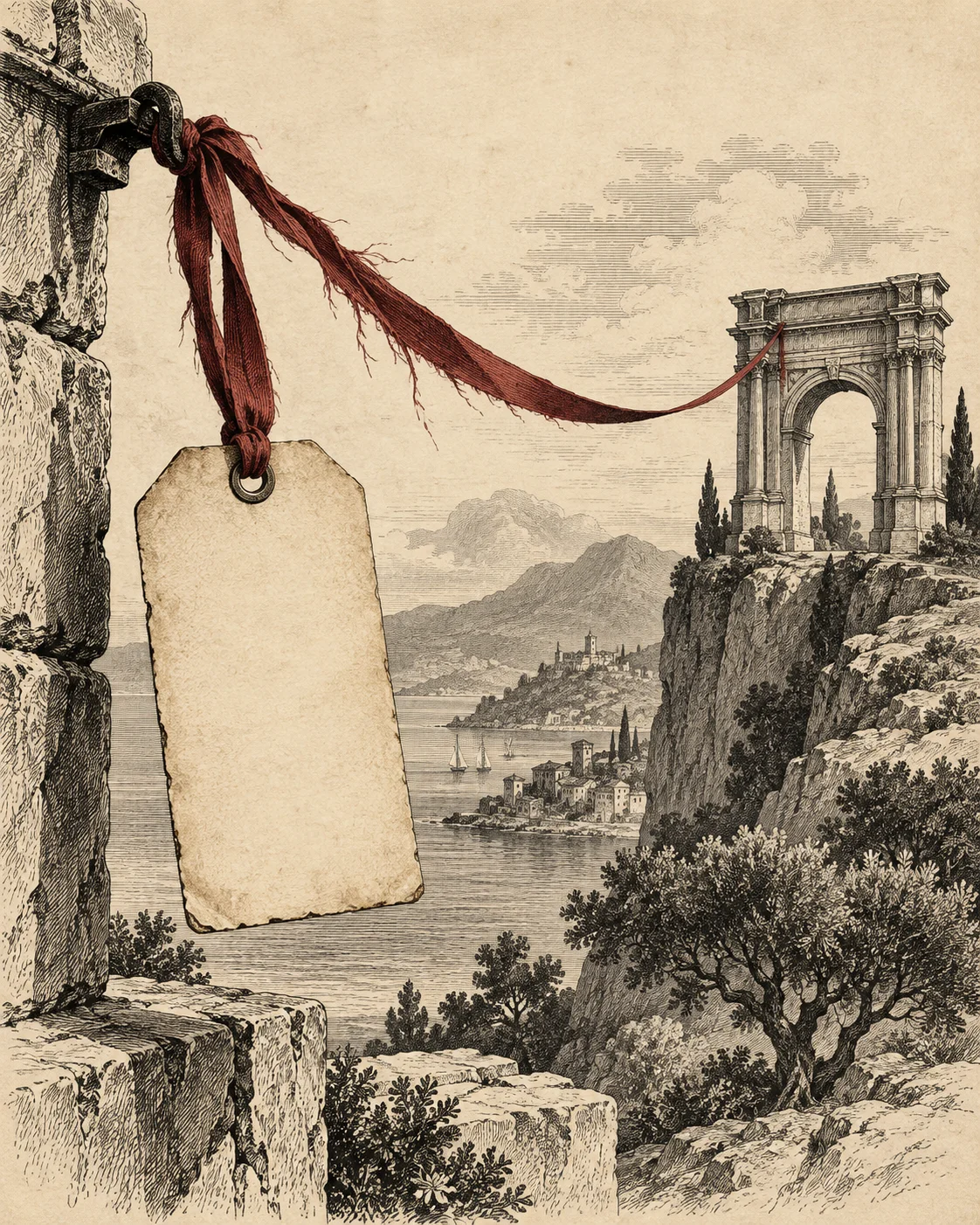 A blank identity tag hangs from a fraying ribbon tethered to an arch.