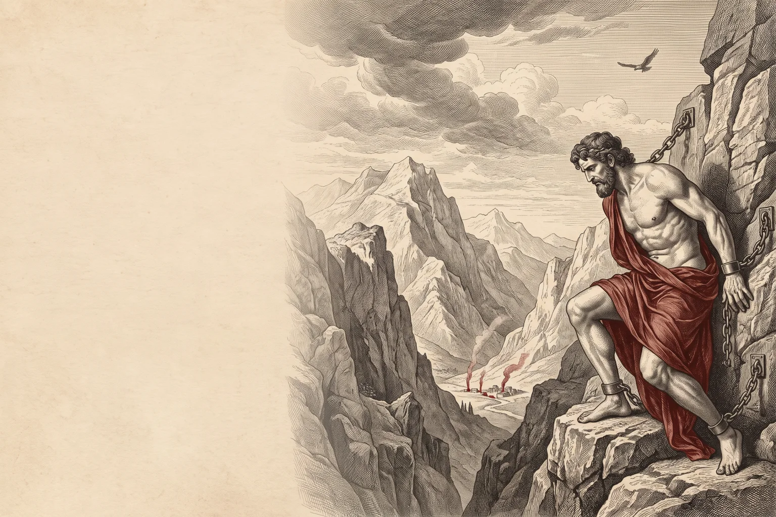 Prometheus sits chained to a mountain crag, looking down at hearth fires in a far valley.