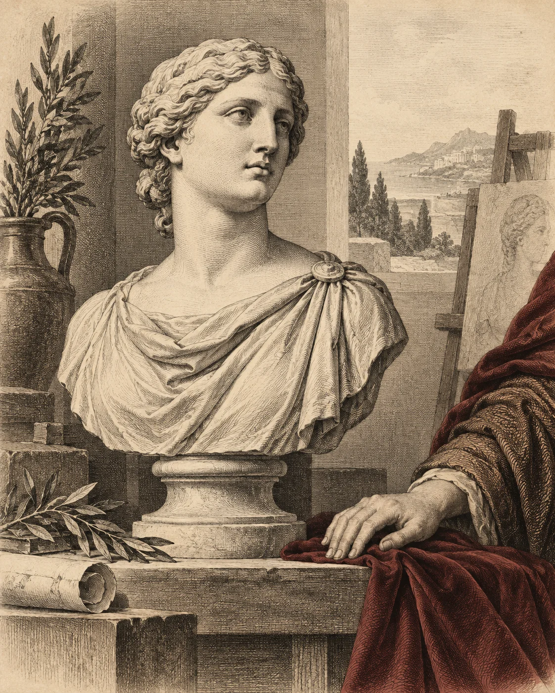 A classical human bust, a living hand, and draped oxblood cloth.