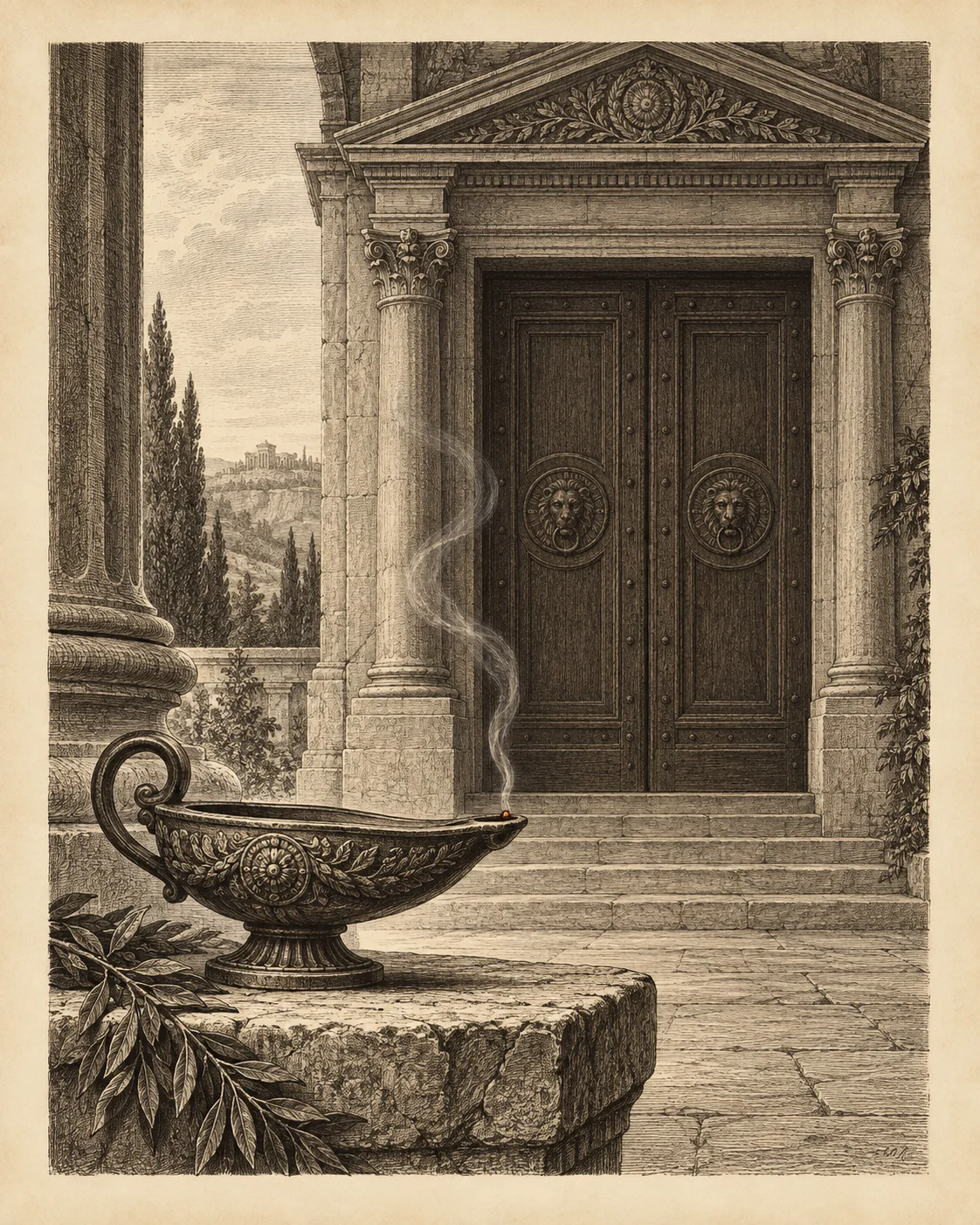 A recently extinguished oil lamp before a closed monumental doorway.