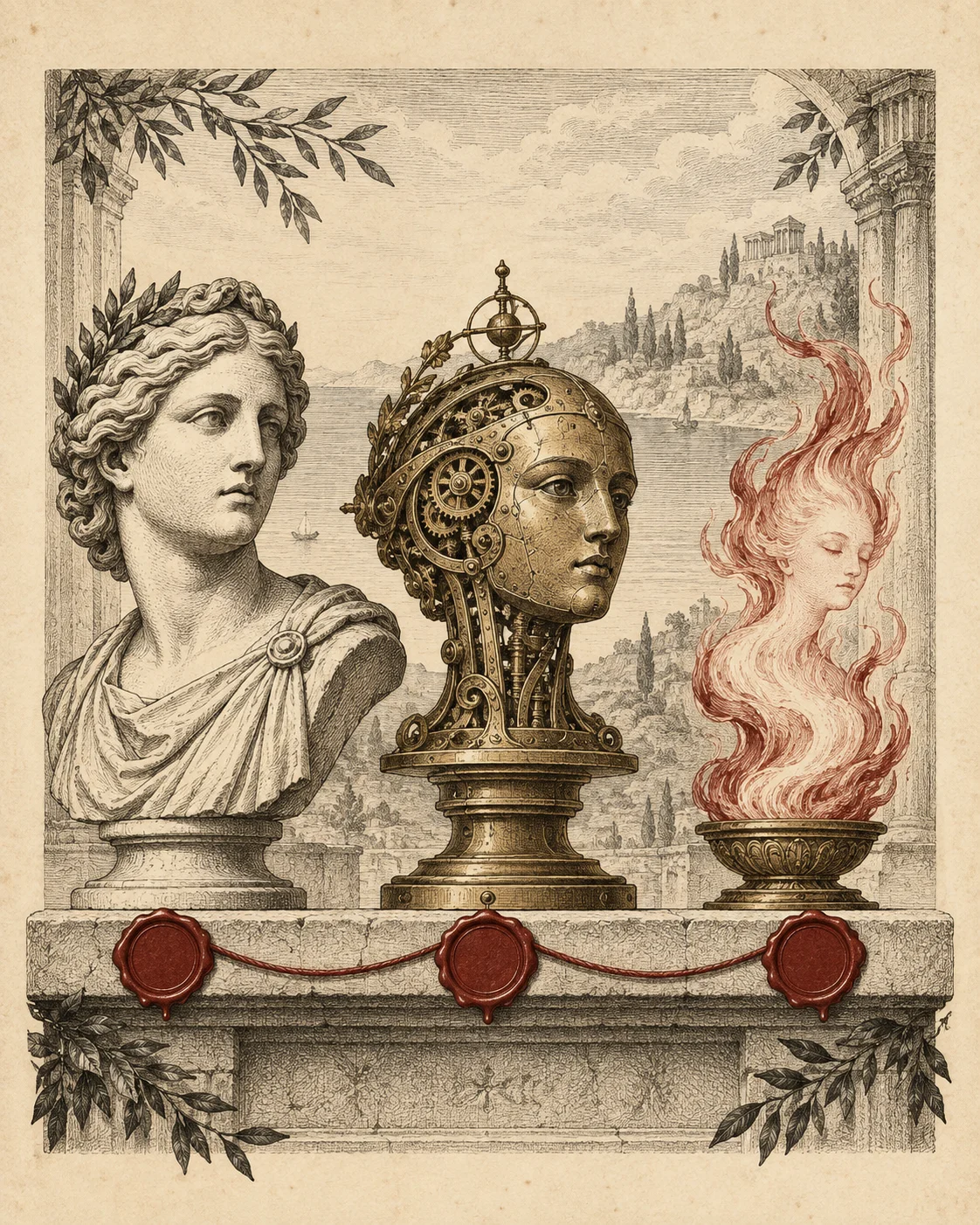 A human bust, clockwork head, and flame spirit share the same stone ledge.