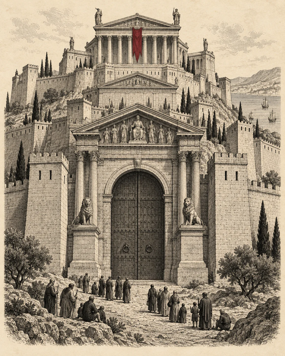 A walled citadel with layered gates and small figures waiting outside.