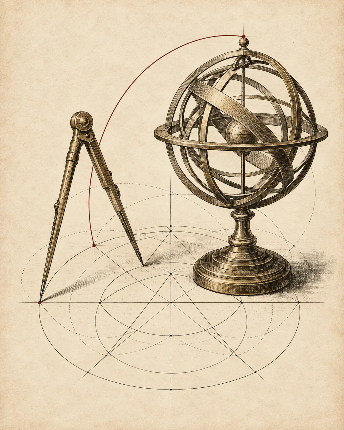 An armillary sphere and dividers rest over geometric constructions.