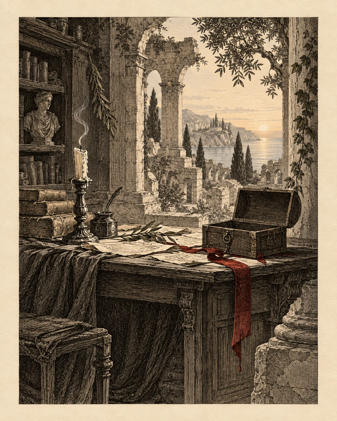 An empty coffer and extinguished candle sit on an abandoned archive desk.