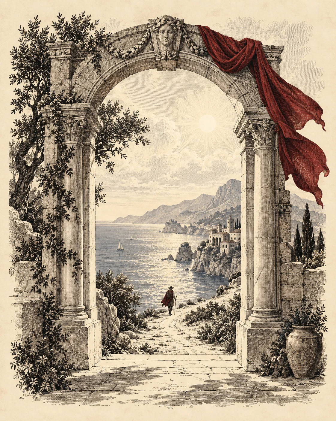 An open classical archway looks out over a sunlit coast.