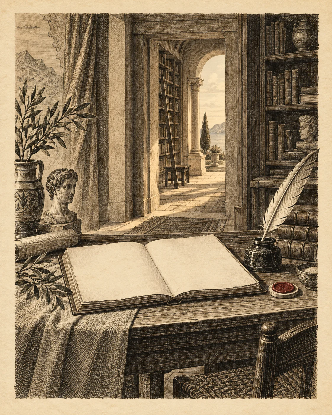 A writing table with an open folio, quill, and wax seal in a classical library.