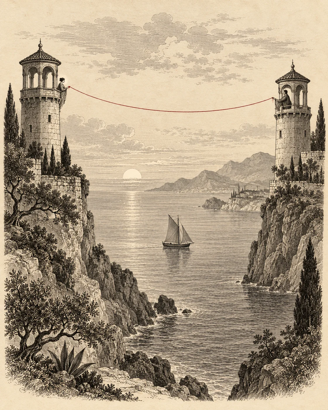 A delicate red thread connects watchtowers on opposite coastal cliffs.
