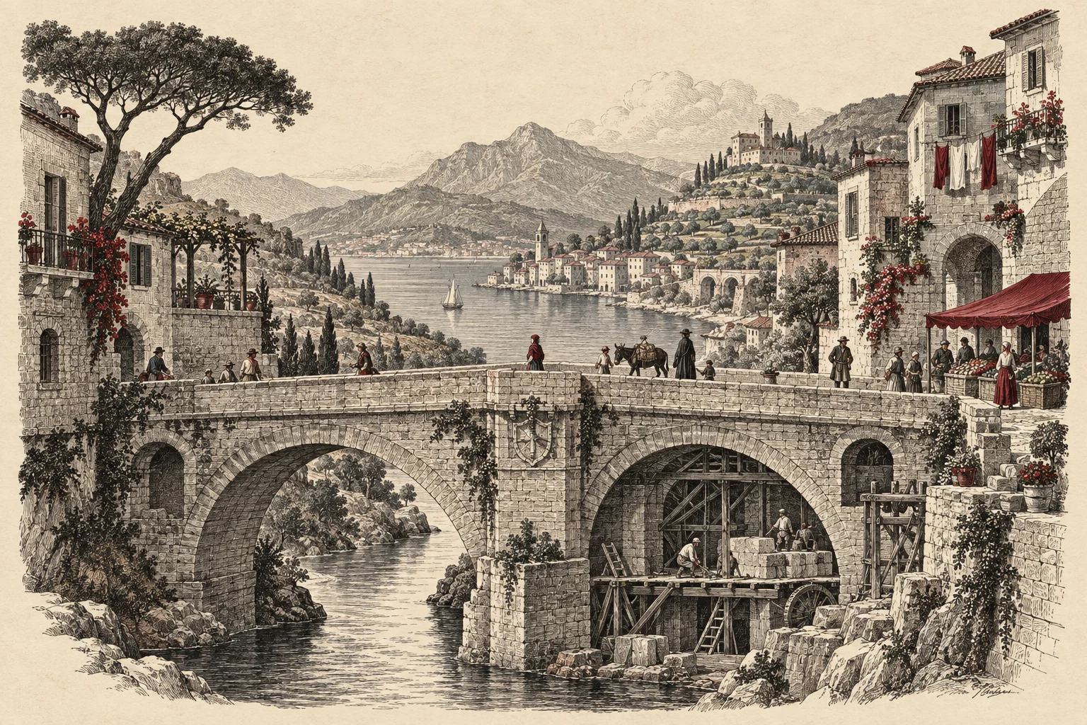 People cross an enduring stone bridge in a Mediterranean town.