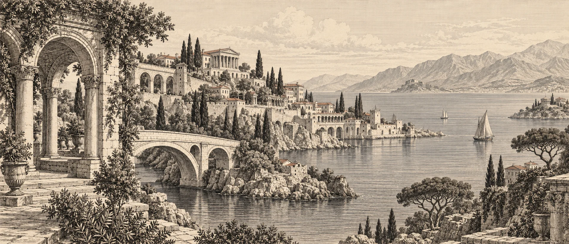 An engraved coastal republic with bridges, arches, and cypress trees.