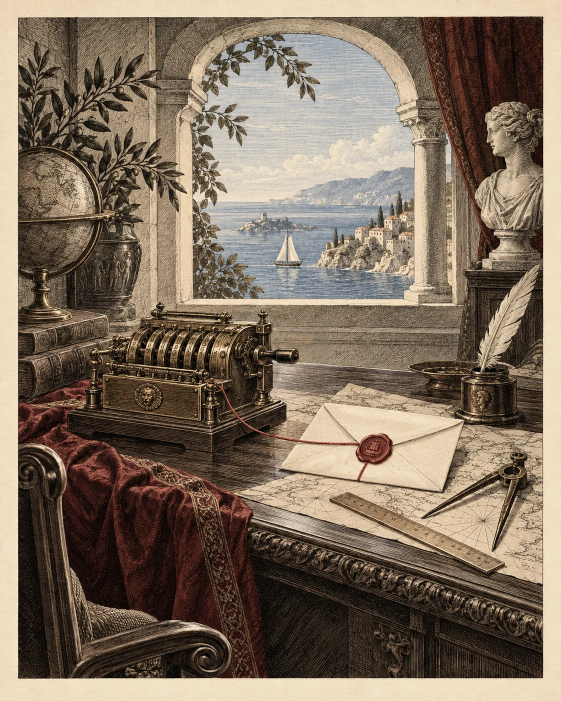 A brass calculating mechanism and a sealed letter share a writing desk above the sea.