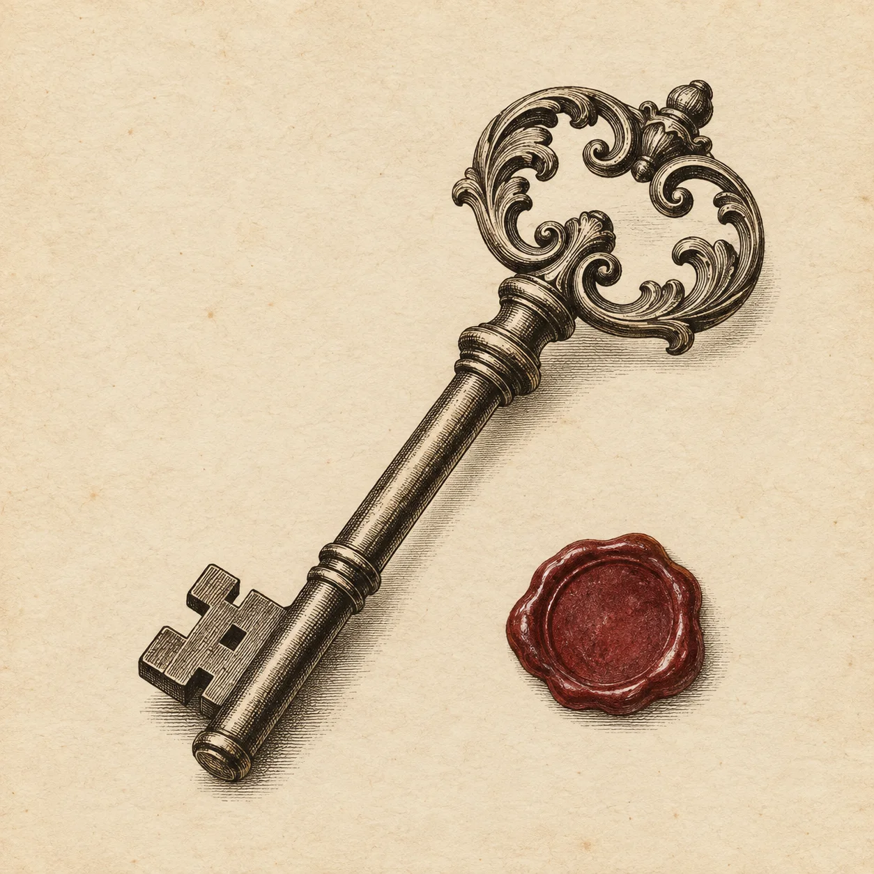 An ornate antique key beside an oxblood wax seal.